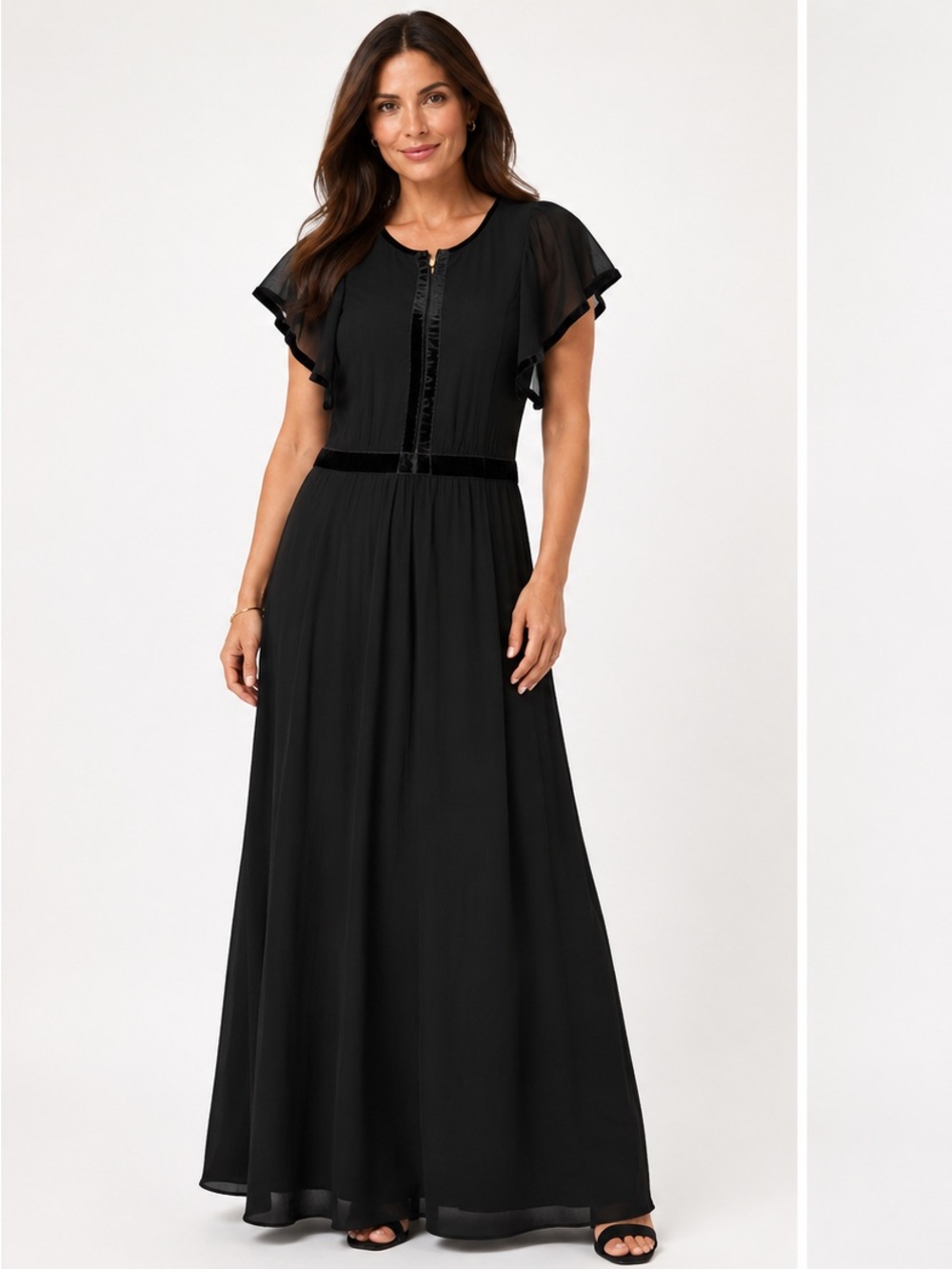 Trussardi Jeans Black Maxi Dress Velvet Trim Flutter Sleeve $477
